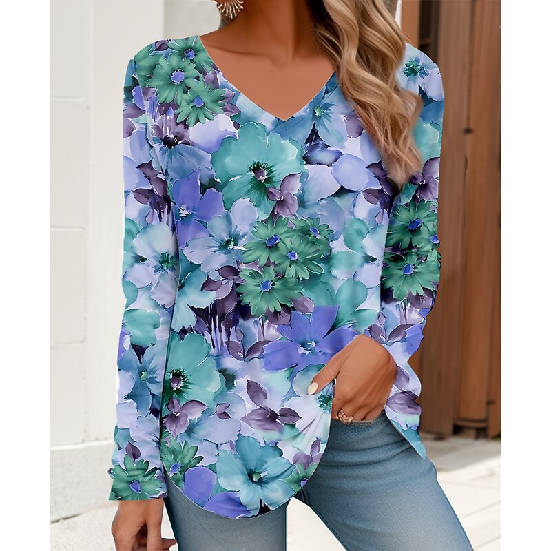 Women's T Shirt V Neck Long Sleeve Tunic Floral Basic Neon & Bright Regular Tops Daily Weekend Print Red Blue Purple Green3