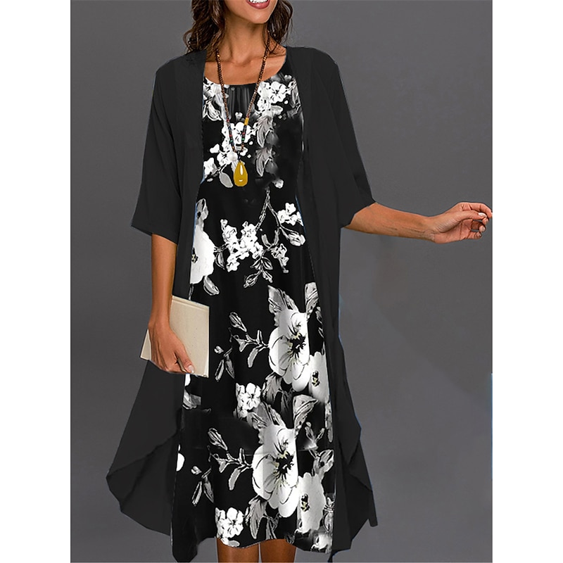 Women's Graduation Dress Midi Dress Two Piece Dress Set Dress Set Casual Dress Print Dress Elegant Fashion Floral Print 3/4 Length Sleeve Crew Neck Outdoor Daily Black White Pink Summer Spring2