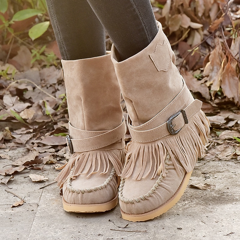 Women's Fringe Suede Moccasin Boots with Buckle Detail - Casual and Comfortable Western Style Ankle Boots2