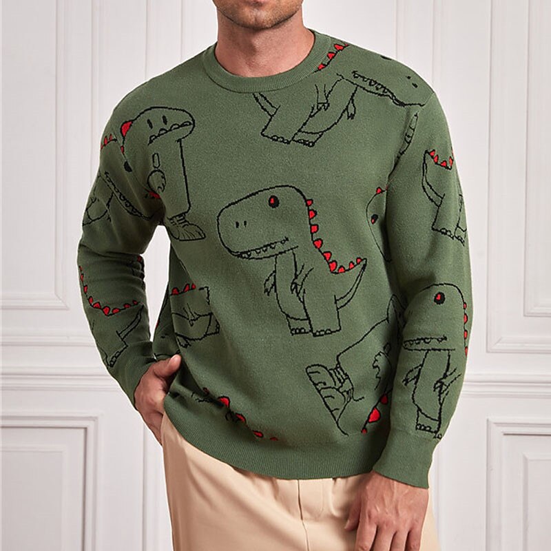Men's Cartoon Dinosaur Pullover Sweater Jumper Knitwear Crew Neck Fashion Streetwear Designer Vacation Daily Wear Going out Knitted Long Sleeve Fall & Winter Army Green3
