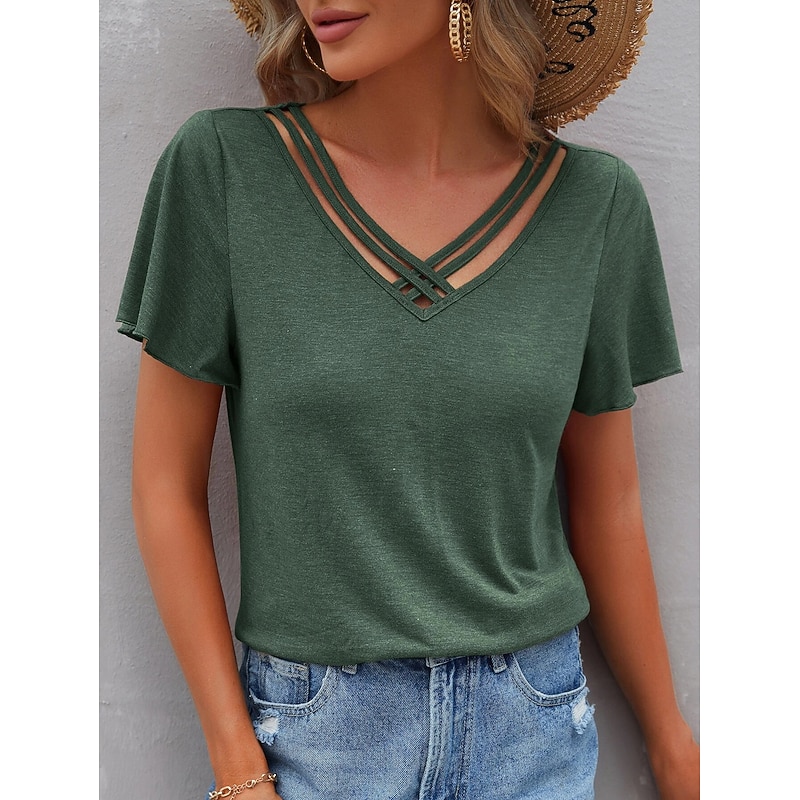 Women's T Shirt Burgundy Tee Dressy Tops Plain Basic Short Sleeve V Neck Regular Tops Daily Weekend Cut Out Black Wine Navy Blue Sky Blue Purple Summer Spring Fall