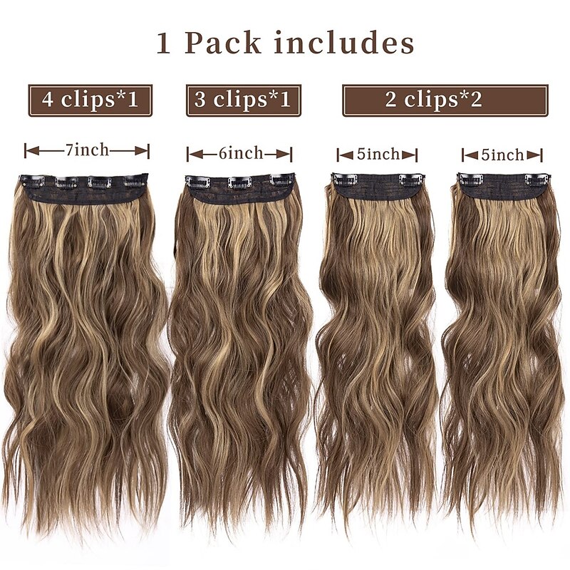 4PCS Clip in Hair Extensions Honey Blonde Mixed Light Brown 20 Inch Long Wavy Synthetic Hair Extensions2