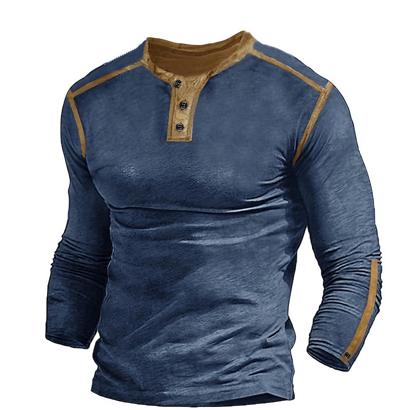 Men's Button T Shirt T Shirt Tee Top Long Sleeve Hooded Spring &  Fall Color Block Fashion Designer Basic Vacation Street Going out Black Navy Blue Brown Top Tee for Men