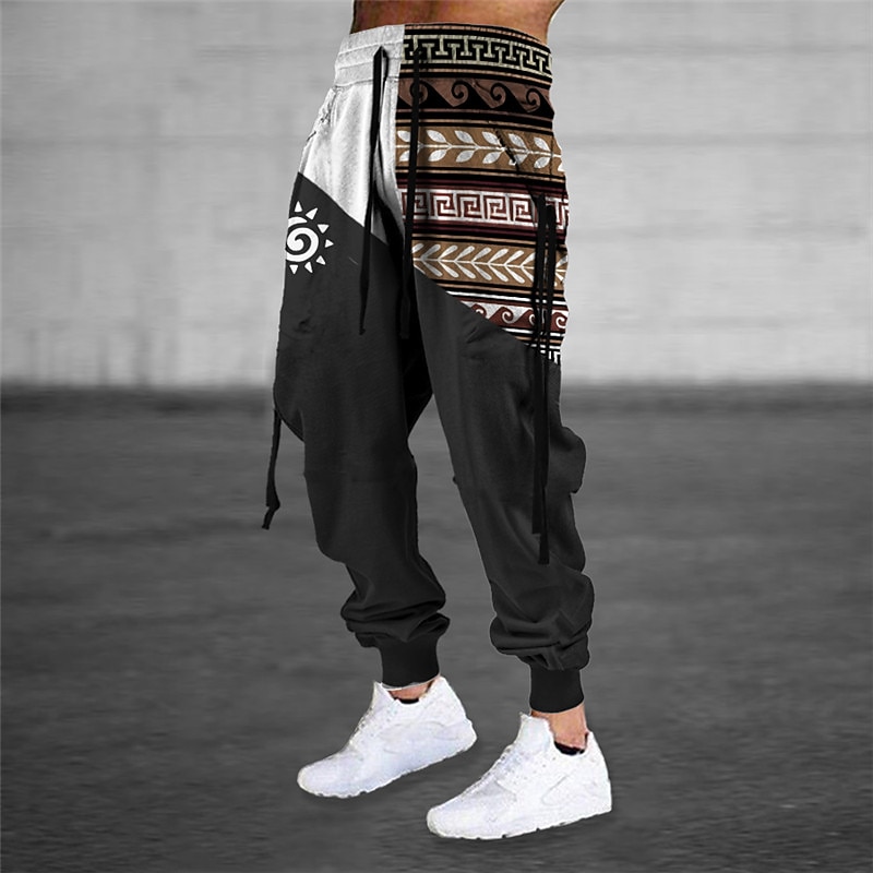 Men's Sweatpants Joggers Trousers Drawstring Elastic Waist 3D Print Sun Graphic Prints Geometry Comfort Sports Outdoor Casual Daily Cotton Blend Ethnic Style Retro Vintage Black Khaki Micro-elastic