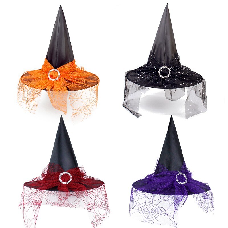 Halloween Witch Hat With Spider Web Veil Women's Costume Party Hat Wizard Hat Magician Halloween Headdress Party Hat Halloween Hat Witch Decoration Props Adult Children Cosplay Witch Gauze Headdress