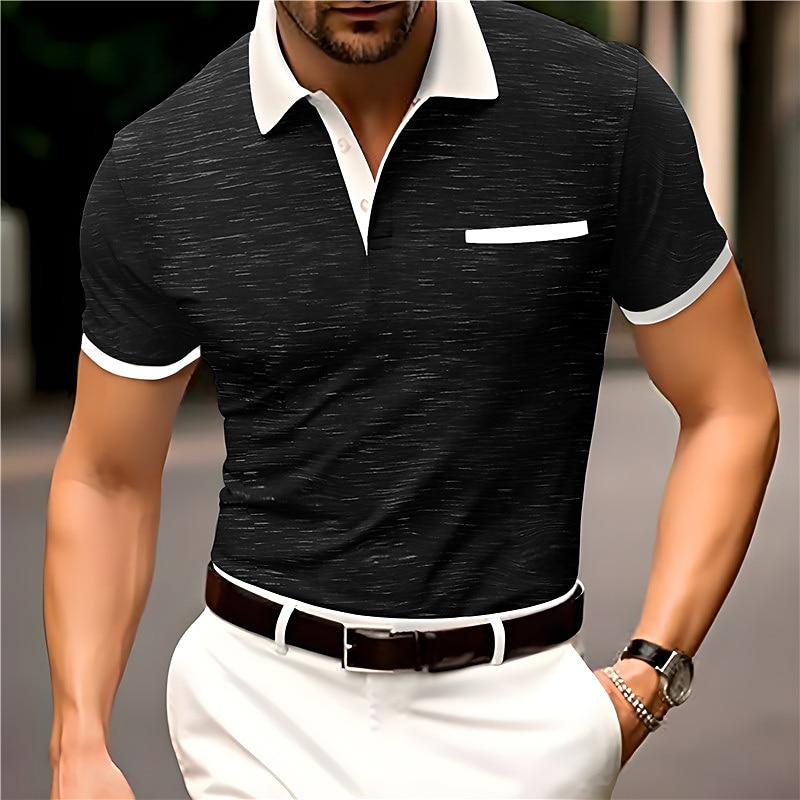 Men's Golf Shirt Polo Casual Holiday Lapel Short Sleeve Fashion Basic Color Block Patchwork Summer Regular Fit Black Dark Blue Coffee Gray Golf Shirt3