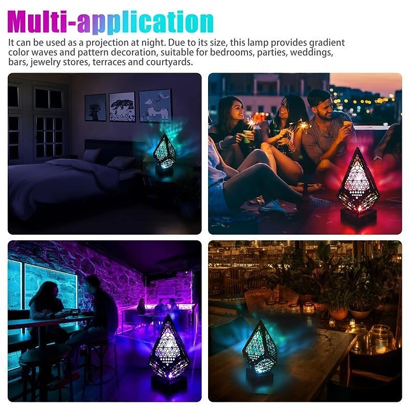 Wooden Bohemian Floor Lamp, USB Charging Hollow Geometric Colorful Lamp Retro Bohemian Light Lamp, LED Colorful Diamond Shaped Lights 3D Projection Night Lamp Desk Lamp Home Decor4