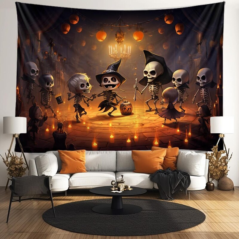 Halloween Decorations Skeleton Hanging Tapestry Wall Art Large Tapestry Pumpkin Skull Mural Decor Photograph Backdrop Blanket Curtain Home Bedroom Living Room3
