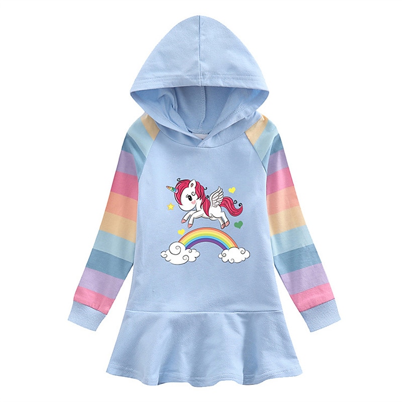 Kids Girls' Dress Rainbow Unicorn Stripe Long Sleeve Outdoor Casual Ruffle Fashion Cute Daily Cotton Knee-length Hoodie Dress Casual Dress Spring Fall 2-8 Years Pink Purple Rose Red4