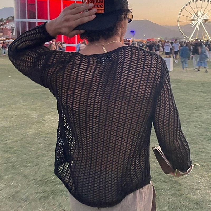 Men's T Shirt Tee Top Long Sleeve Crew Neck Summer Plain Fashion Designer Basic Hole Vacation Street Going out Black White Top Tee for Men4