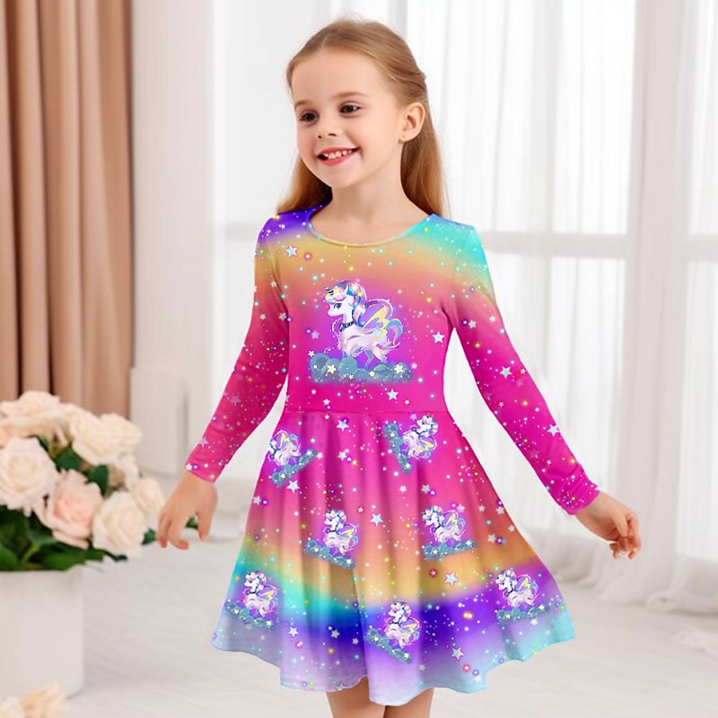 Girls' 3D Graphic Cartoon Unicorn Dress Long Sleeve 3D Print Summer Fall Vacation Sports & Outdoor Daily Cute Casual Beautiful Kids 3-12 Years Casual Dress A Line Dress Above Knee Regular Fit4