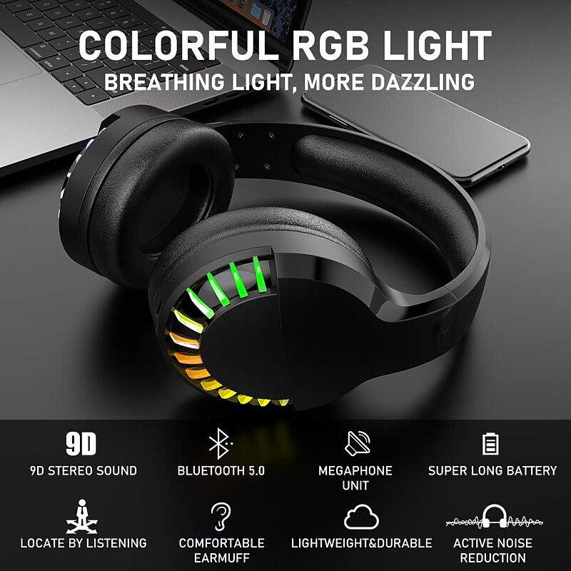 Wireless BT Headphone With Noise Cancellation HiFi Stereo Sound Mic Deep Bass Protein Earpad Rainbow RGB Backlight Rechageable Over Ear Headset For PC Mac Game Travel Class Home Office2