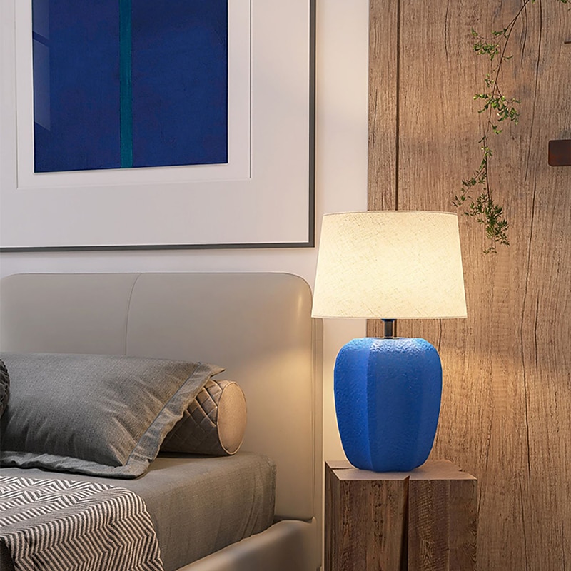 Bedside Lamp Table Lamp, Modern Retro Ceramic Tall Table Lamp 1 PCS with Beige Fabric Drum Shade Nightstand Lamp for Bedside Bedroom Living Room Kids Room College Home 85-265V