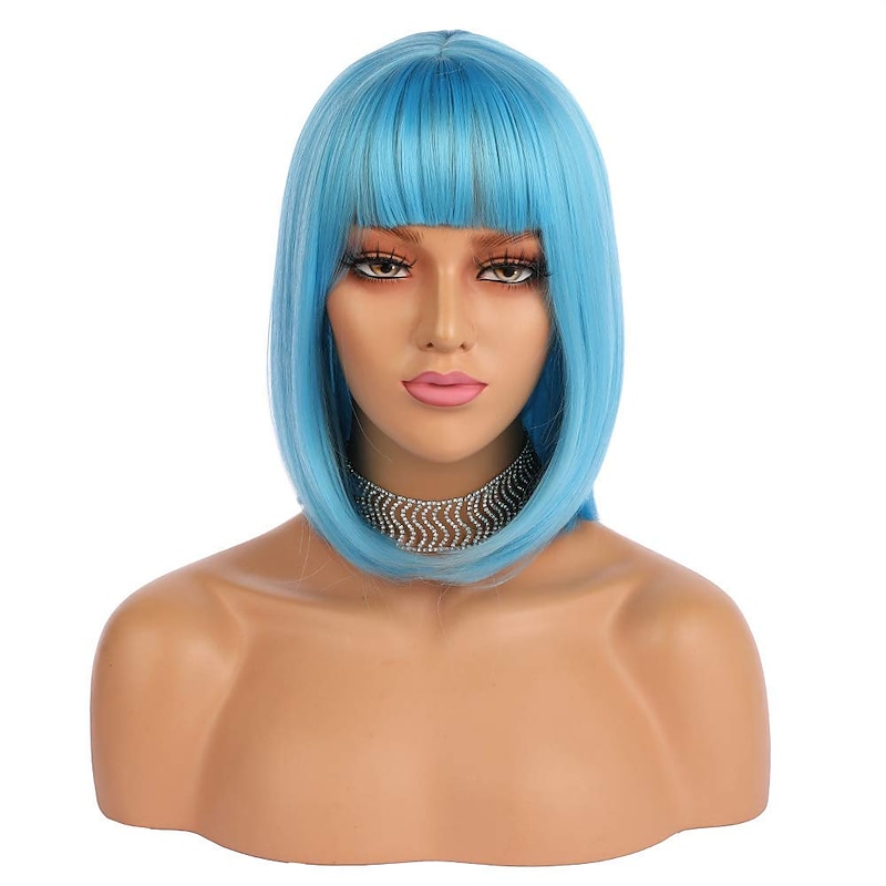 Short Bob Hair Wigs 12 Straight with Flat Bangs Synthetic Colorful Cosplay Daily Party Wig for Women Natural As Real Hair2