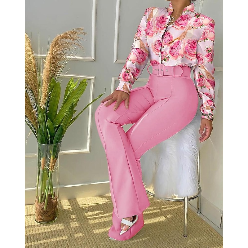 Women's Daily Business Neon & Bright Shirt Office Suit Pants Sets Dress Pants Pants Trousers Long Sleeve Stand Collar Floral Leopard Letter Print Work Daily Black Yellow Pink Fall & Winter Regular Fit3