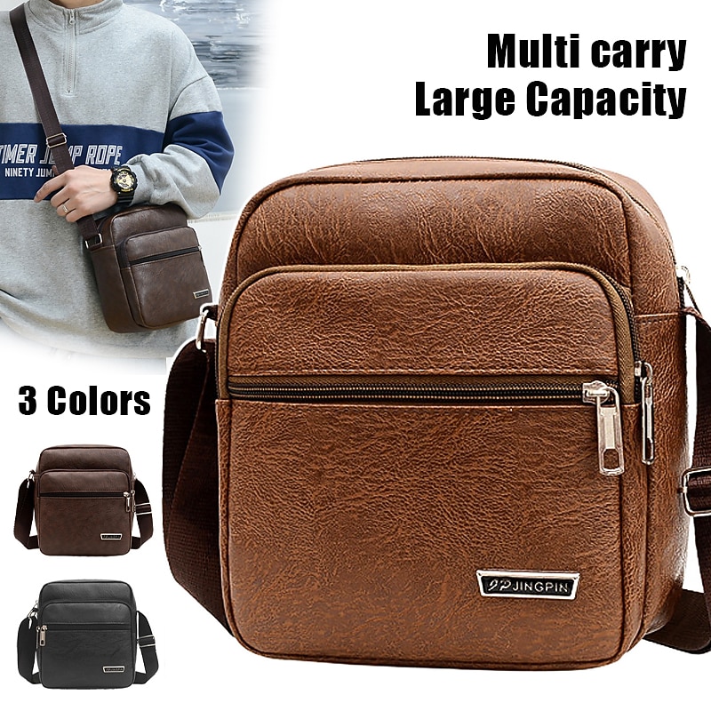 Men's Crossbody Bag Shoulder Bag Satchel PU Leather Outdoor Daily Holiday Buttons Zipper Large Capacity Waterproof Lightweight Solid Color Yellow brown Black Brown