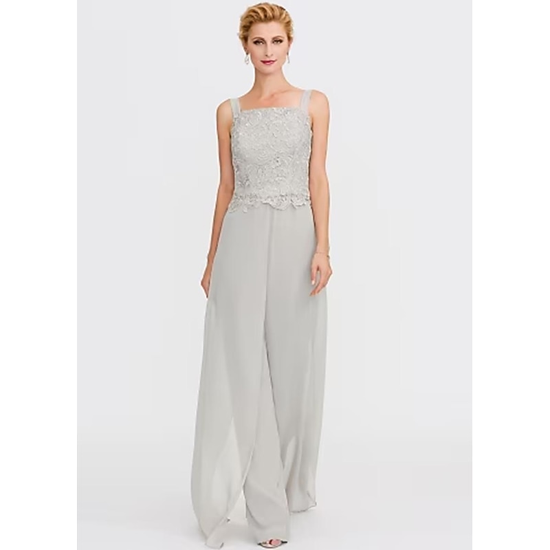 Pantsuit 3 Piece Mother of the Bride Formal Wedding Guest Elegant Wrap Included Square Neck Floor Length Chiffon Lace Sleeveless Wrap Included with Appliques3