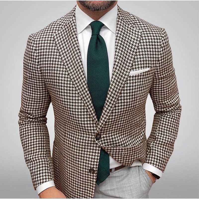 Men's Blazer Jacket Sport Coat Closure collar Outdoor Casual Houndstooth Checkered Black Yellow Light Green Tailored Fit Single Breasted Two-buttons4