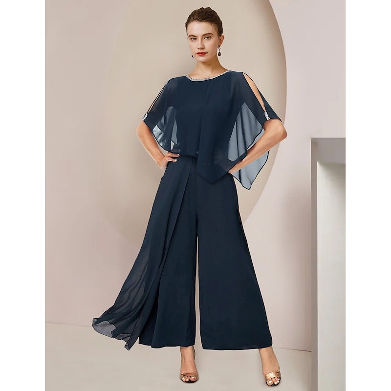 Jumpsuits Mother of the Bride  Formal Wedding Guest Elegant Party Scoop Neck Ankle Length Chiffon Sleeveless with Beading