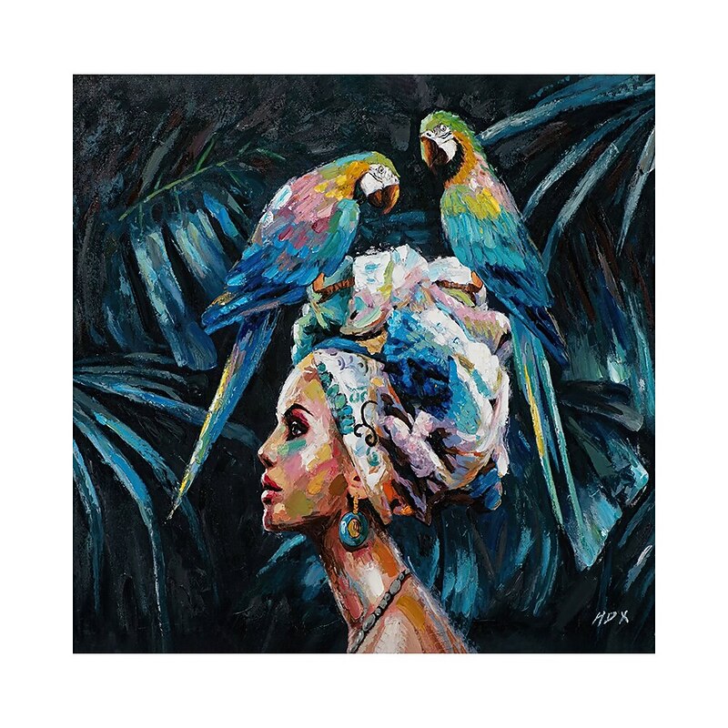 Large Handmade African Woman painting Hand Painted Oil Painting Wall Art Nordic Parrot African Woman Canvas Abstract Painting Wall Art Pictures home Decor Rolled Canvas No Frame Unstretched 6
