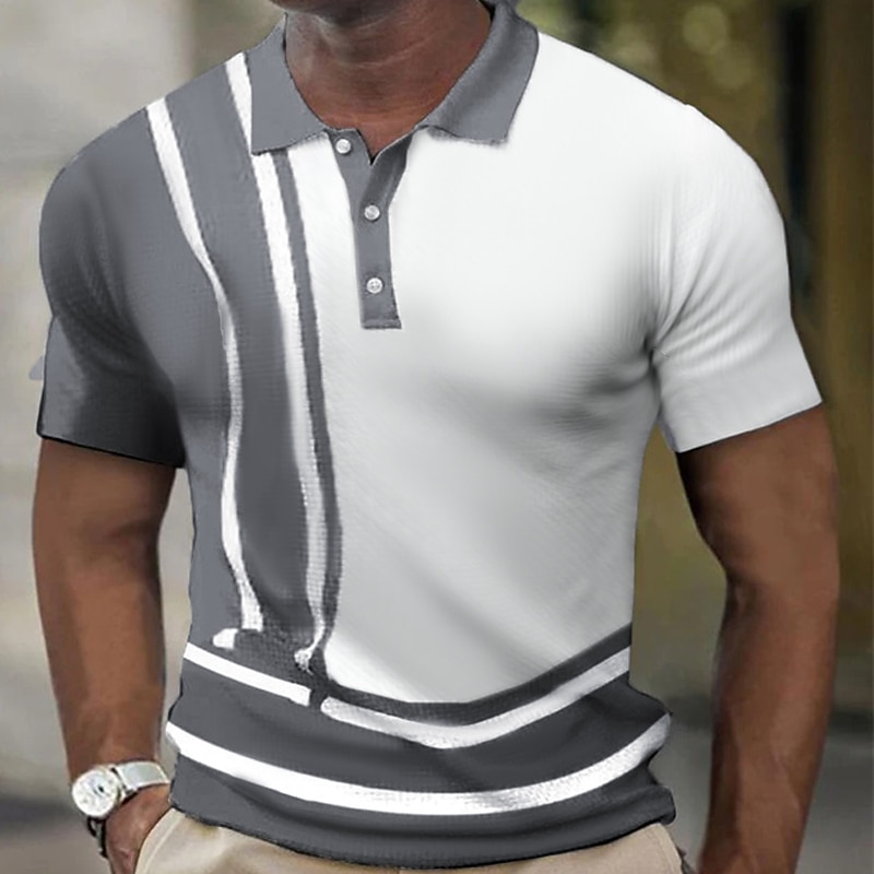 Men's Waffle Polo Shirts Golf Shirt Street Casual Polo Collar Classic Short Sleeve Fashion Casual Striped Button Front Button-Down Spring & Summer Regular Fit White gray Navy Blue Blue Coffee Light