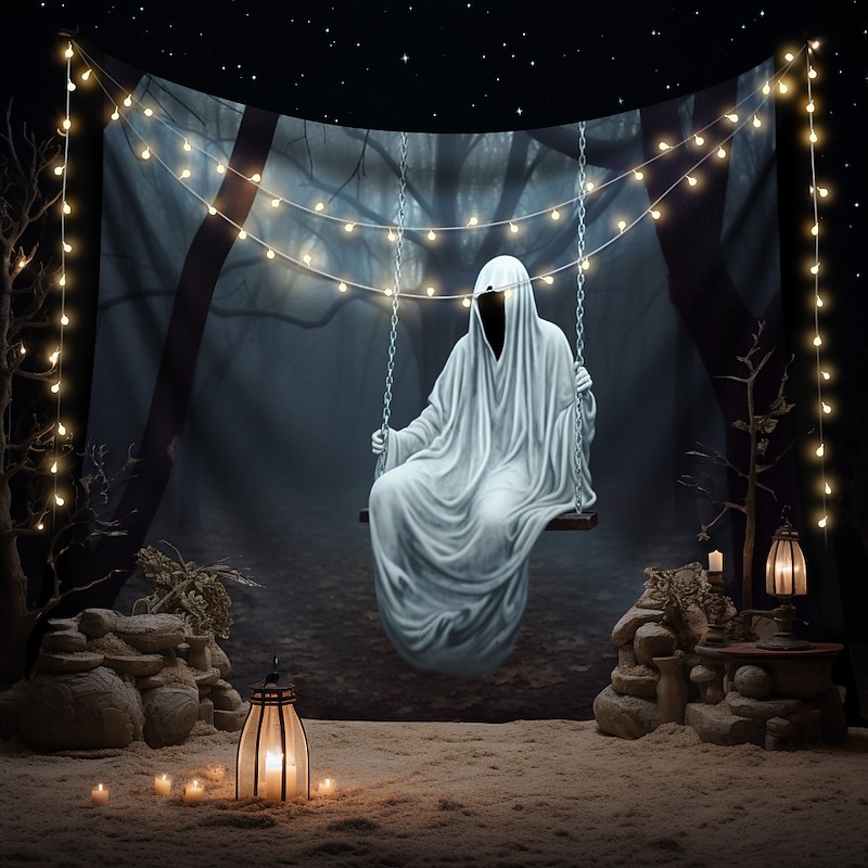 Halloween Horror Hanging Tapestry Wall Art Large Tapestry Mural Decor Photograph Backdrop Blanket Curtain Home Bedroom Living Room Decoration Ghost Swing Forest Halloween Decorations4