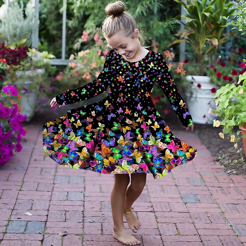 Girls' 3D Graphic Butterfly Dress Long Sleeve 3D Print Summer Fall Sports & Outdoor Daily Holiday Cute Casual Beautiful Kids 3-12 Years Casual Dress A Line Dress Above Knee Polyester Regular Fit