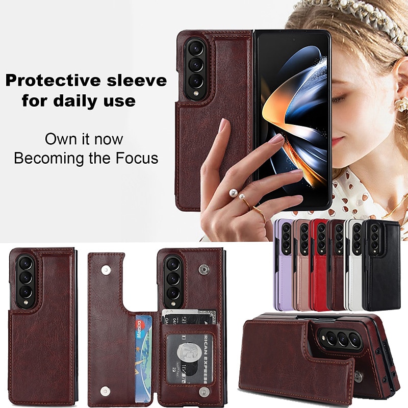 Phone Case For Samsung Galaxy Z Fold 6 Z Fold 5 Z Fold 4 Z Fold 3 Leather With Card Holder Kickstand Solid Color PC PU Leather
