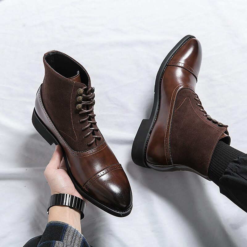 Men's Brown Faux Leather and Suede Ankle Boots – Lace-Up Design with Cap-Toe and Durable Rubber Sole for Formal and Casual Wear2