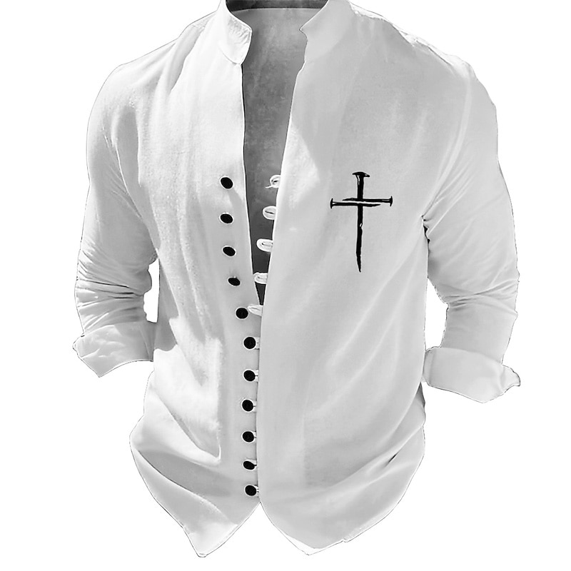 Men's Cross Shirt Button Up Shirt Short Sleeve Fashion Streetwear Designer Outdoor Vacation Daily Summer Spring Stand Collar Print Black White Green Khaki4