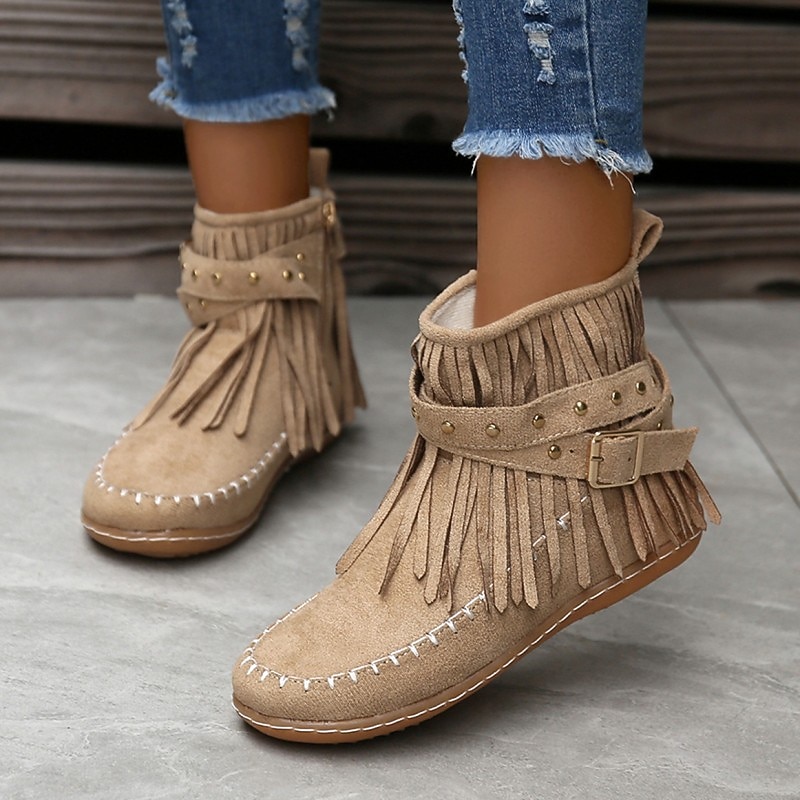 Women's Suede Fringe Moccasin Ankle Boots – Boho Flat Boots with Studded Strap for Fall Outfits, Daily Walking & Outdoor Casual Looks2
