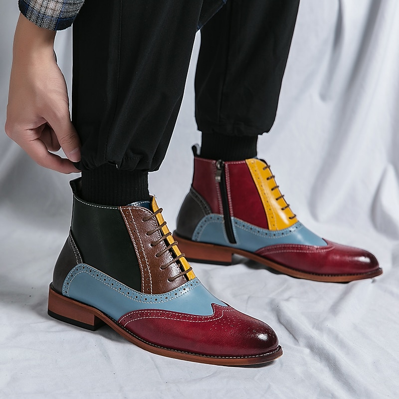 Men's Vintage Multicolor Faux Leather Brogue Ankle Boots - Retro Style Lace-Up Dress Shoes for Formal and Casual Occasions