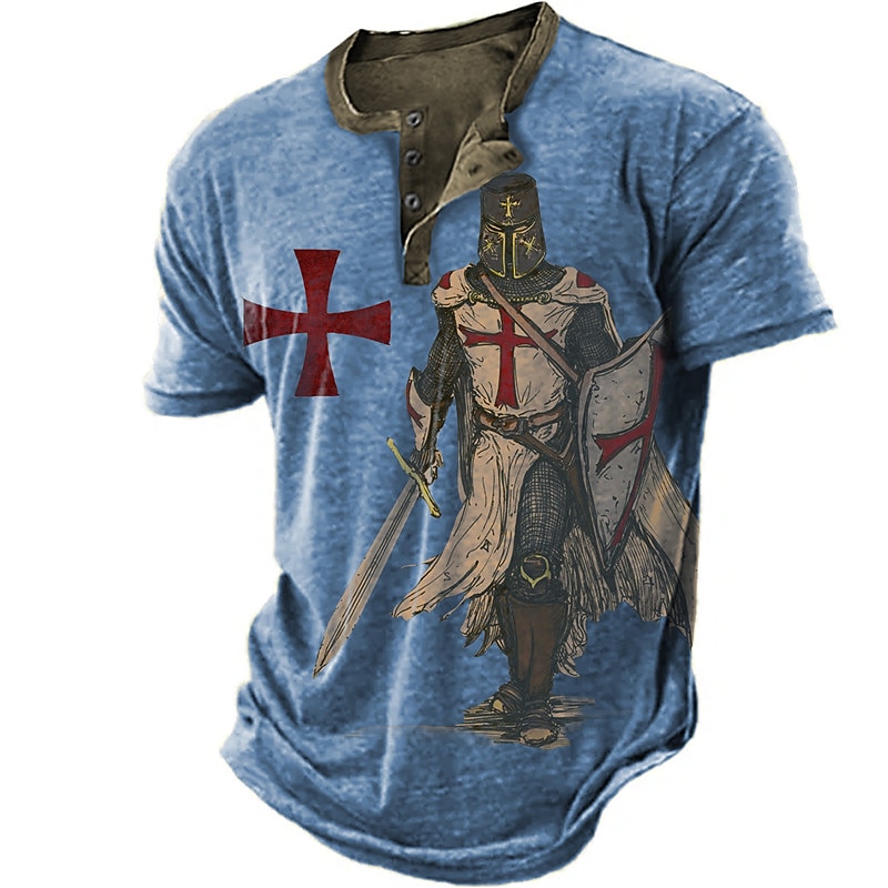 Men's Knights Templar Graphic Prints Henley Shirt Graphic Tee Short Sleeve Fashion Basic Casual Outdoor Daily Going out Spring & Summer Blue Sky Blue Brown Green Gray Henley Henley T-Shirt2