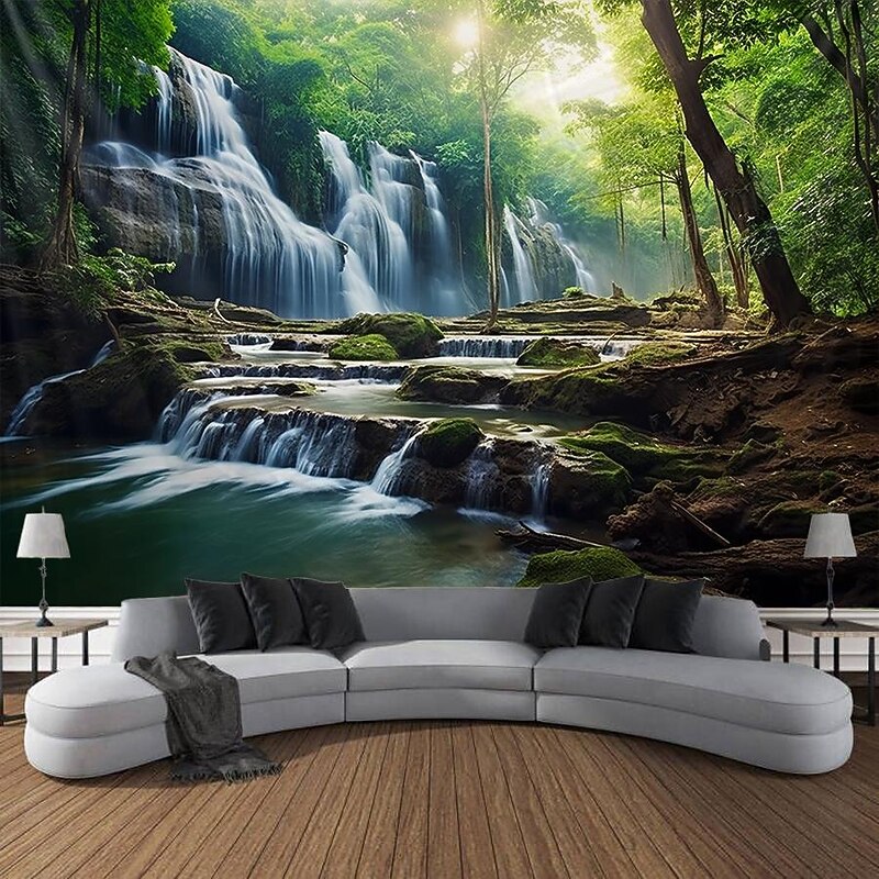 Forest Waterfall Hanging Tapestry Wall Art Large Tapestry Mural Decor Photograph Backdrop Blanket Curtain Home Bedroom Living Room Decoration