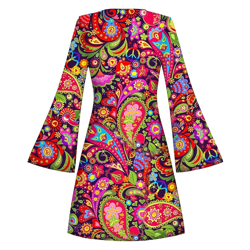 Retro Vintage Hippie 1970s Dress Headband Flare Cuff Sleeve Hippie 3D Fancy Dress Women's Halloween Carnival Masquerade Vacation Dailywear Music Festival Adults' Dress Spring & Summer3