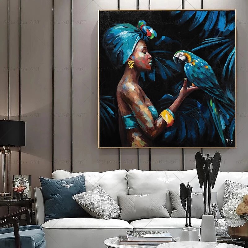 Large Handmade African Woman painting Hand Painted Oil Painting Wall Art Nordic Parrot African Woman Canvas Abstract Painting Wall Art Pictures home Decor Rolled Canvas No Frame Unstretched