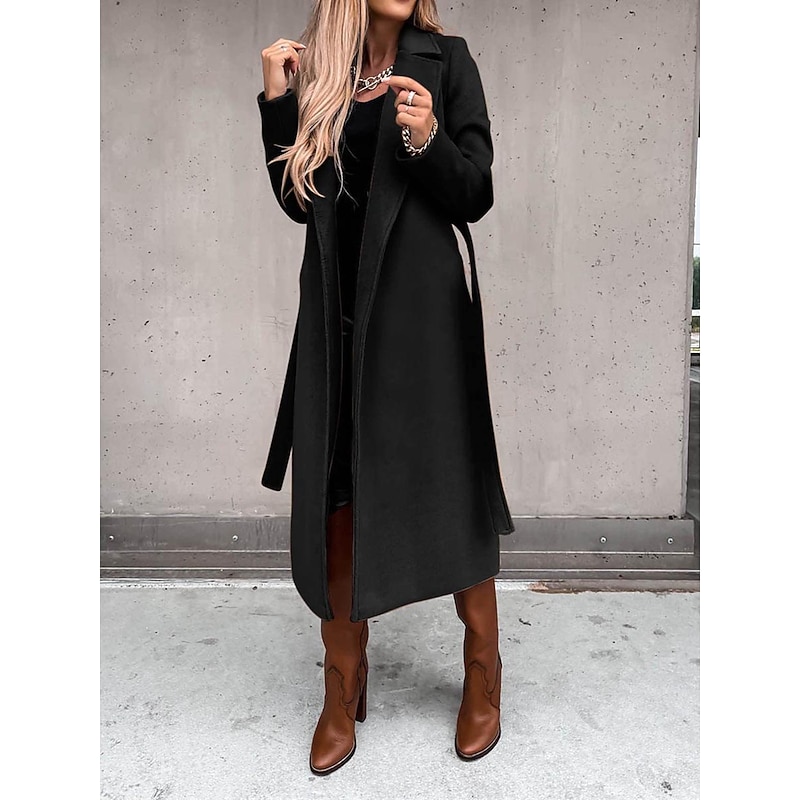 Women's Winter Coat Long Overcoat with Belt Fall Lapel Pea Coat with Pockets Trench Coat Fashion Street Wear Formal Jacket Long Sleeve  Black White Yellow3