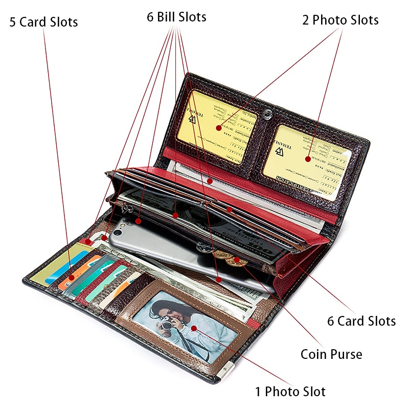 Women's Genuine Leather Patchwork Wallet, Large Capacity Multi-Card Holder, Vintage Long Clutch Purse with Zipper Pocket, Available in 4 Unique Styles4