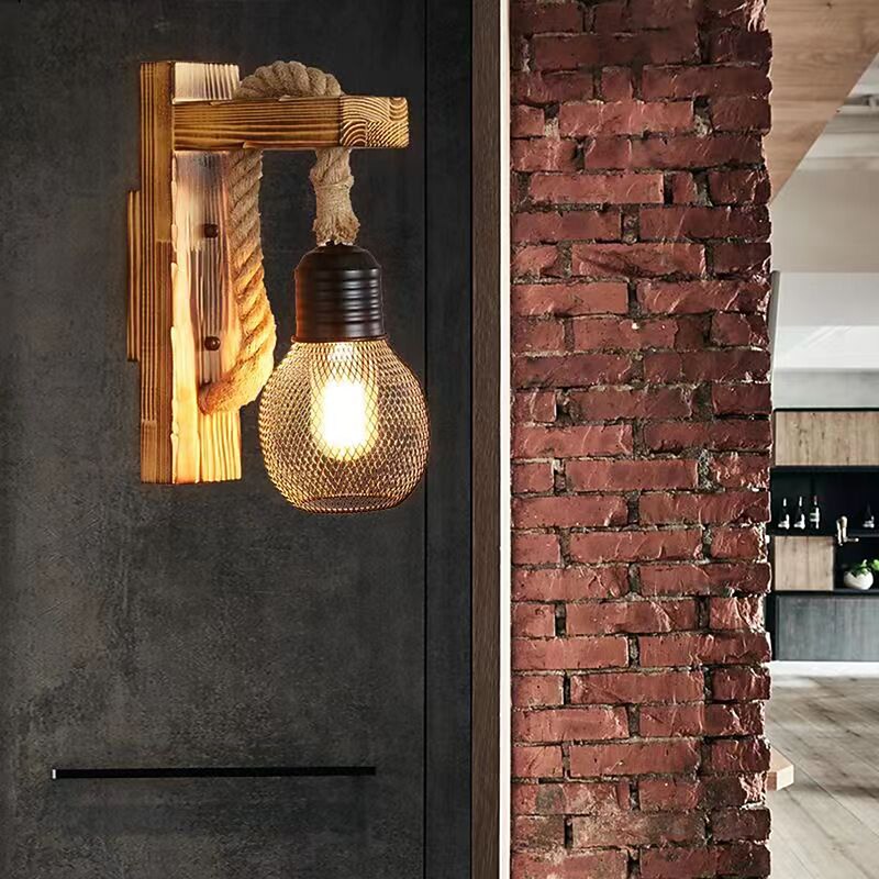 Natural Fiber Rope Brown Wall Light Kit Shaded 1 Head Cottage Wall Mount Lamp Industrial Vintage Sconce Lights with Wood Backplate for Bar Hallway Restaurant 110-240V3