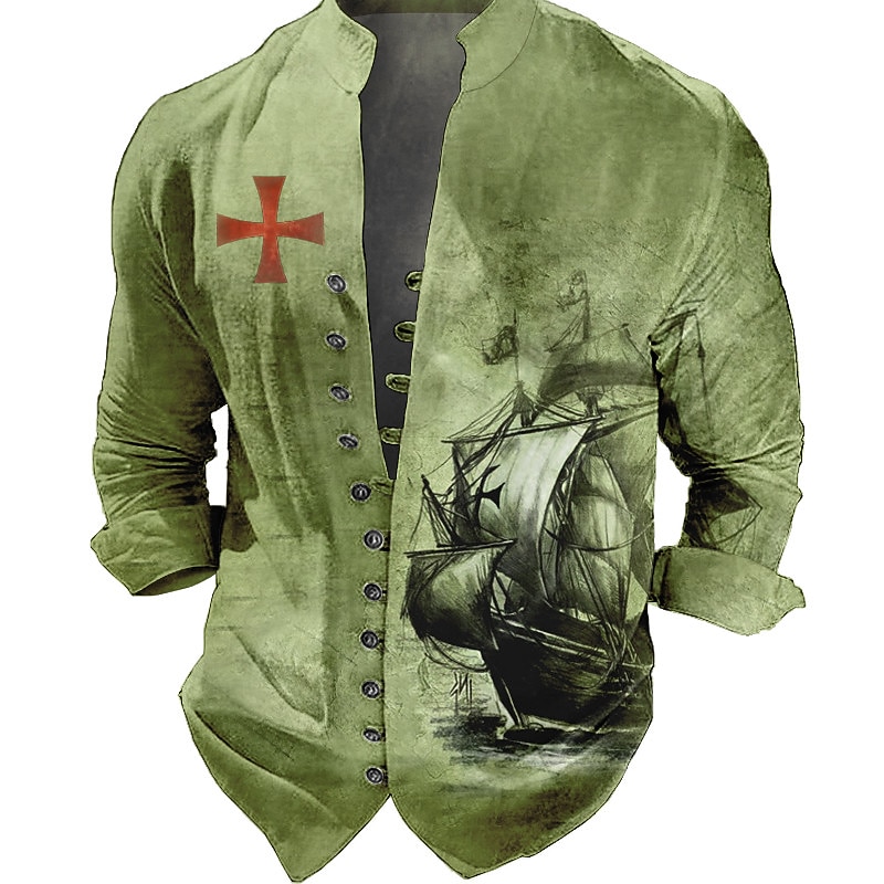 Men's Nautical Vintage Sailboat Shirt Button Up Shirt Long Sleeve Fashion Streetwear Designer Outdoor Casual Daily Summer Spring Fall Stand Collar Print Blue Brown Green Gray3