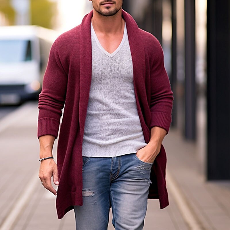 Men's Cardigan Sweater Fall Sweater Ribbed Knit Tunic Knitted Plain Shawl Collar Warm Ups Modern Contemporary Daily Wear Going out Clothing Apparel Fall & Winter Red Blue M L XL