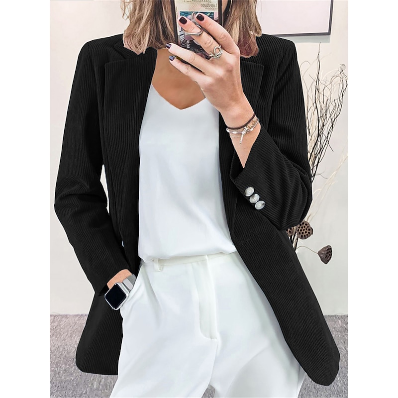 Women's Corduroy Jacket Blazer Formal Button Solid Color Windproof Fashion Regular Fit Outerwear Long Sleeve Fall claret S3