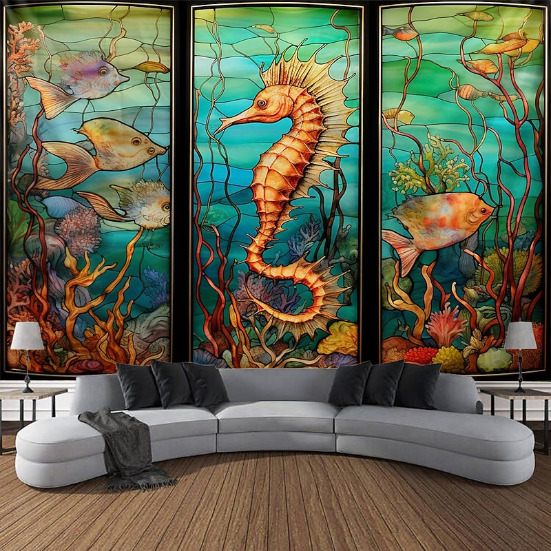 Sea Horse Hanging Tapestry Wall Art Large Tapestry Mural Decor Photograph Backdrop Blanket Curtain Home Bedroom Living Room Decoration Stained Glass3