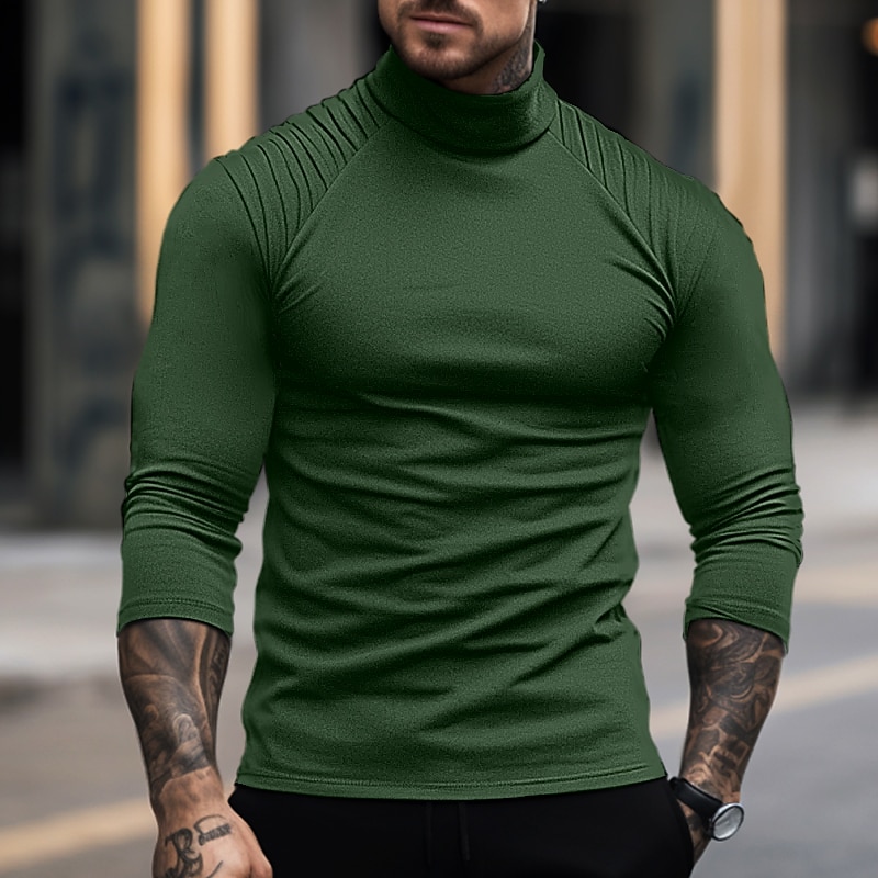 Men's T Shirt Tee Top Long Sleeve Turtleneck Summer Plain Slim Pleated Fashion Designer Basic Vacation Street Going out Black White Navy Blue Top Tee for Men2