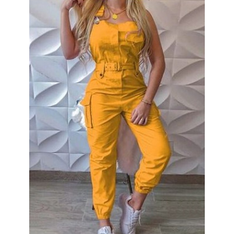 Women's Normal Jumpsuit Streetwear Solid Color Sleeveless V Neck Pocket High Waist Vacation Street Regular Fit Black Yellow Pink Fall2