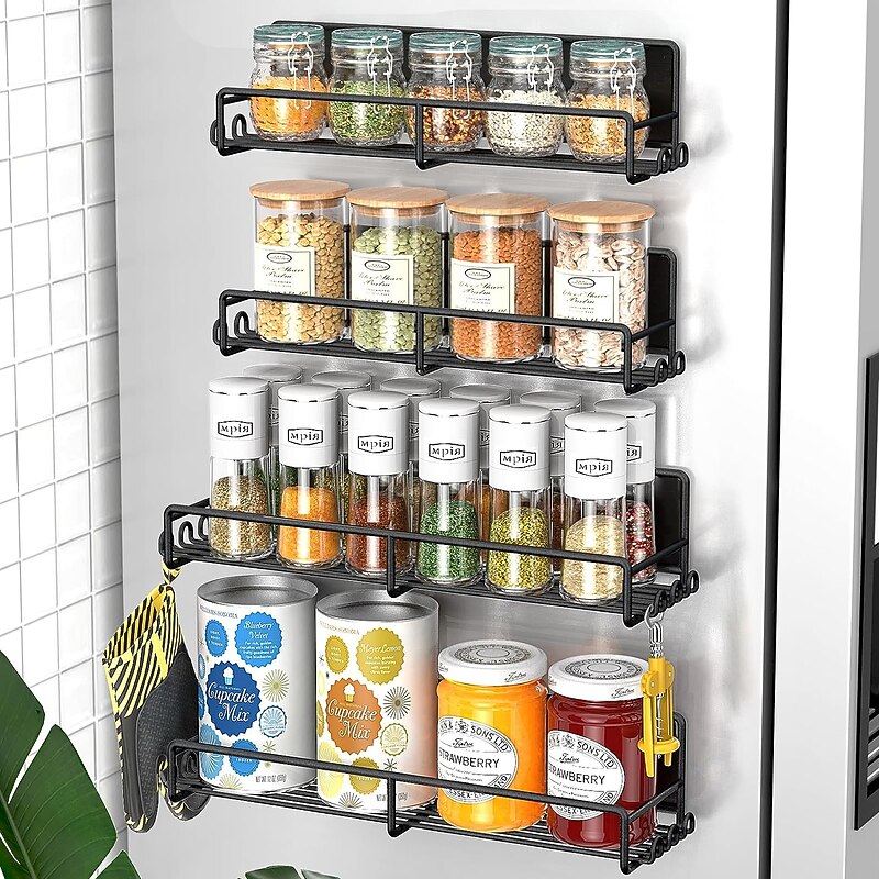 1 Pack Magnetic Spice Rack Organizer, Magnetic Spice Rack for Refrigerator, Magnetic Shelf for Holding Spices, Jars, Bottle, Metal&Black