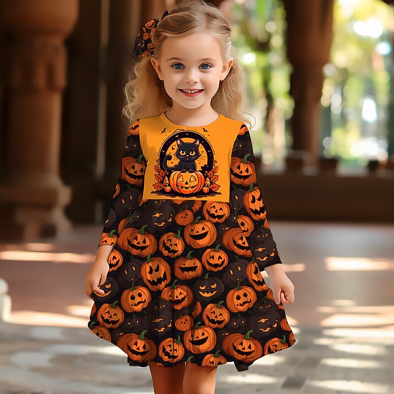 Halloween Girls' 3D Graphic Pumpkin Dress Long Sleeve 3D Print Summer Fall Halloween Holiday Vacation Cute Casual Beautiful Kids 3-12 Years Casual Dress A Line Dress Above Knee Polyester Regular Fit