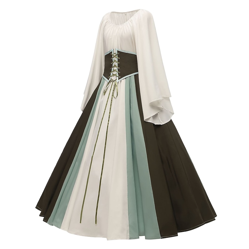 Retro Vintage Medieval Renaissance Dress Chemise OverDress Lady Viking Elven Color Block Fancy Dress Women's Celtic Fantasy Carnival Masquerade Party Casual Daily Adults' Dress3