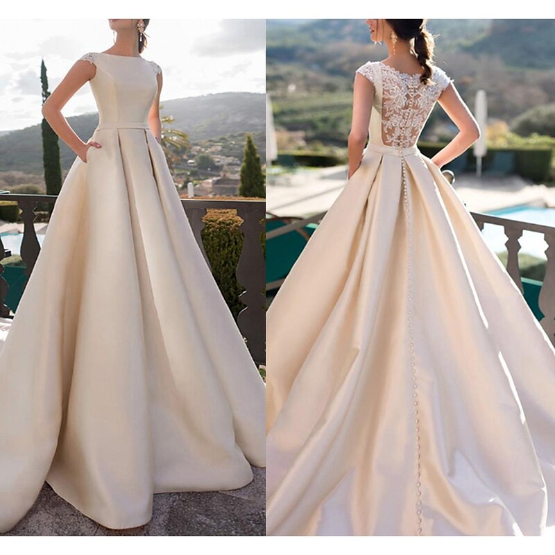 Hall Royal Style Wedding Dresses A-Line Scoop Neck Sleeveless Court Train Satin Bridal Gowns With Pearls Appliques 2025 2025 - $223.99
