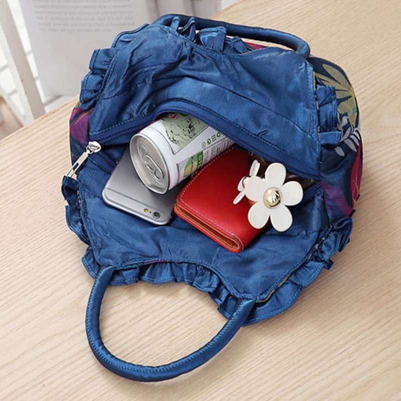 Women's Vintage Floral Embroidered Handbag – Elegant Blue Tote with 3D Rose Design, Spacious Interior, and Zipper Closure – Ideal for Casual Outings and Special Occasions3